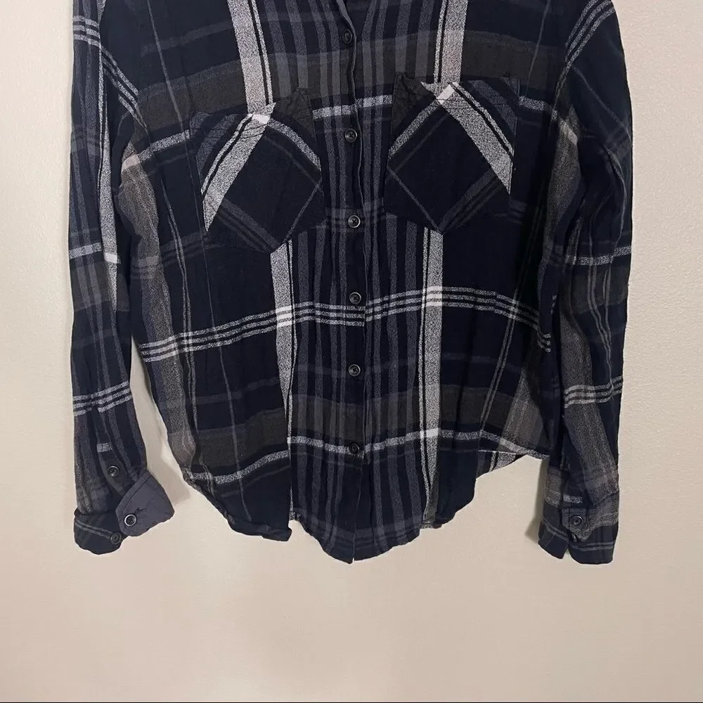 Free People Black with Grey and Brown Plaid Long Sleeve Shirt‎ Women’s Small
